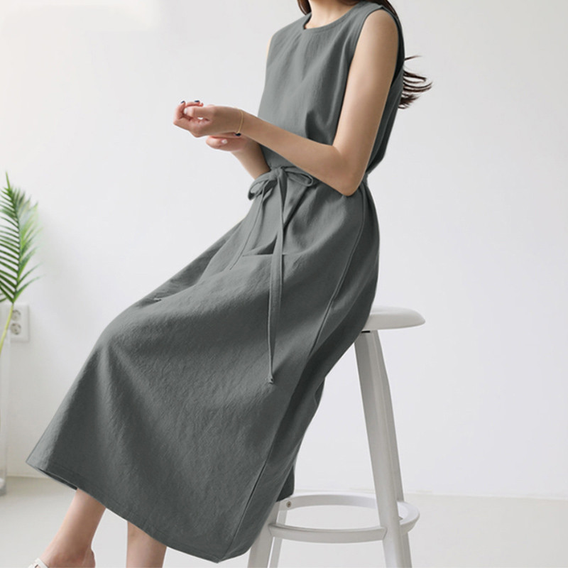 Women's Fashion Loose Bohemian Long Dress Sleeveless Round Neck Solid Color Cotton Linen With Belt_ecoleips.com