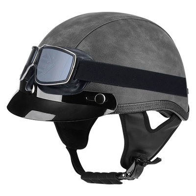 Motosiklet kaskı (dəbilqə) – helmet leather helmet - grey-leather-brim-square-retro-mirror-m56-57cm