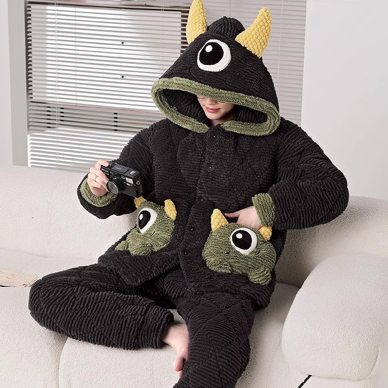 Men's Pajamas Coral Fleece Autumn and Winter Three-Layer Cotton Thickened fleece-lined Winter plus size Flannel Home Clothes suit