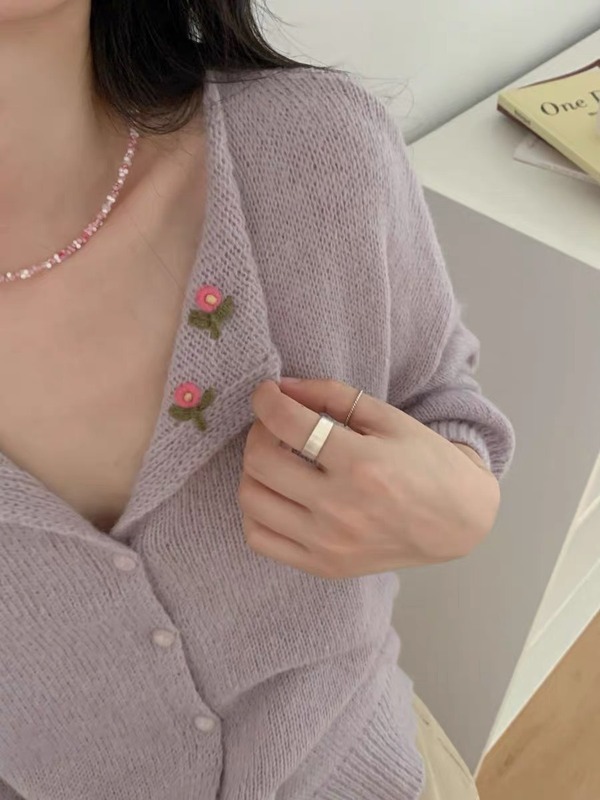温柔风甜美刺绣花朵翻领针织开衫女秋季新款宽松气质软糯毛衣外套|undefined