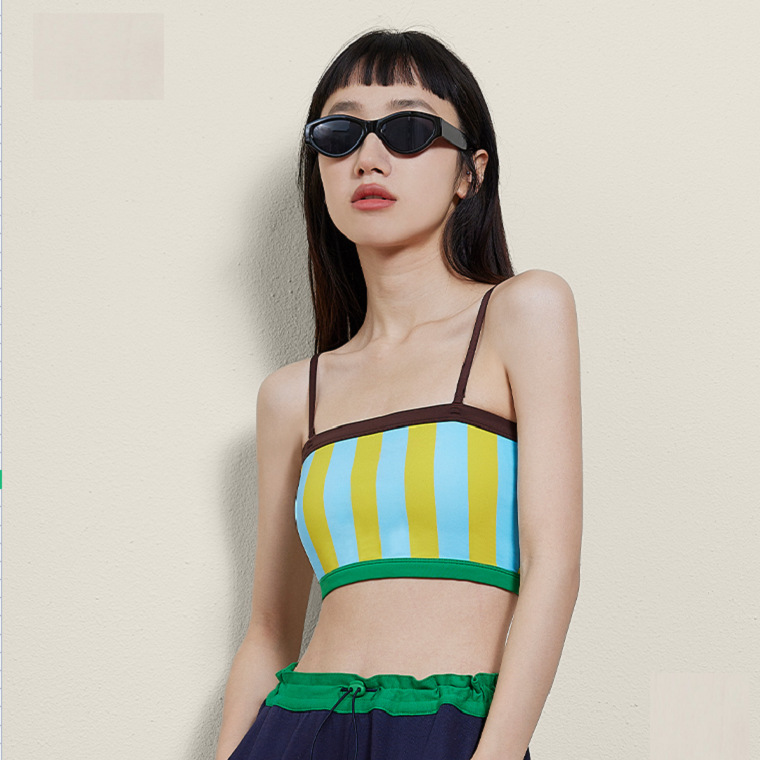 歐美復古撞色時尚條紋運動文胸背心瑜伽服女吊帶胸墊健身內衣bra