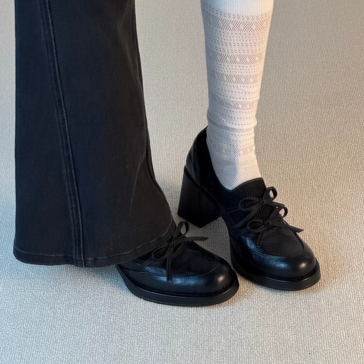 8CM height-increasing, silent-soled, deep-toe, slip-on loafers with a bow, sweet and elegant style, fairy-like high heels, suitable for commuting, small leather shoes