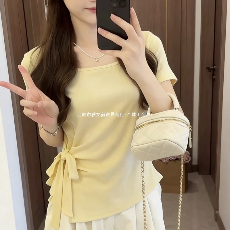 2026 New Summer Style Strappy Short-Sleeved Shirt for Women with Irregular Design and Slimming Short Top in Sea Salt Blue 2026 New Summer Style Strappy Short-Sleeved Shirt for Women with Irregular Design and Slimming Short Top in Sea Salt Blue