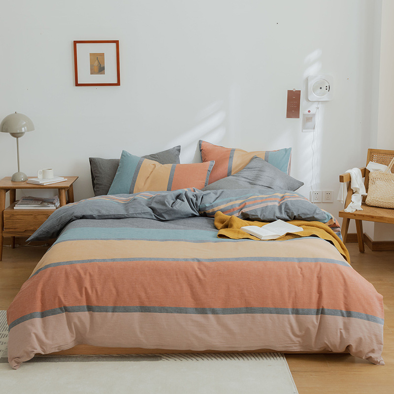 Japanese Style Unprinted Washed Cotton Four-piece Set Cotton Yarn-dyed Gradual Plaid Bedding Kit Solid Color Simple Bed Sheet