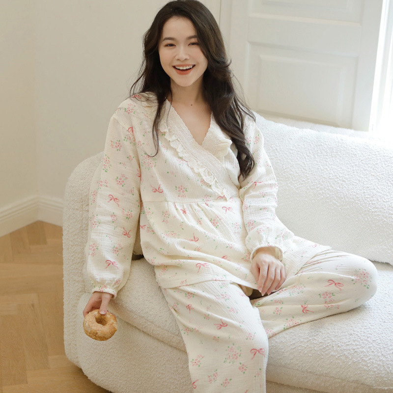 여름 얇은 순면 거즈 문 의류 임신 한 여자의 잠옷 여자의 봄과 가을 임산부 임신 산후 간호 가정 의류