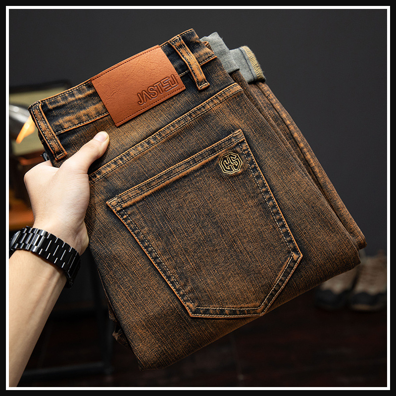 Brown High-end Jeans Men's Spring and Autumn 2024 New Stretch Slim-fit All-match Straight Casual Trendy Long Pants