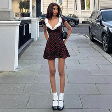 名媛风法式翻领玫瑰印花A字短裙2025跨境女装气质优雅高腰连衣裙