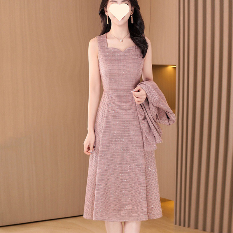 小香风西装连衣裙女两件套2025秋冬季新款太大码遮肚套装裙子|undefined