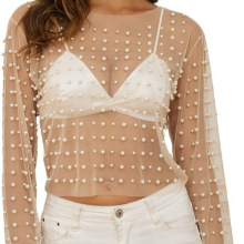 欧美跨境亚马逊速卖通辣妹装烫钻爆款女装泡珠透视网纱长袖上衣女