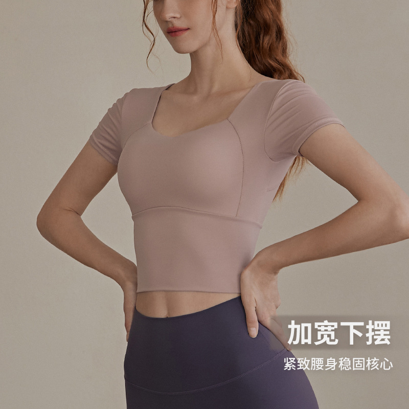 胸パッド付きヨガ服トップス女性の夏半袖 Tシャツピラティス高級感タイトなランニングスポーツフィットネス|undefined