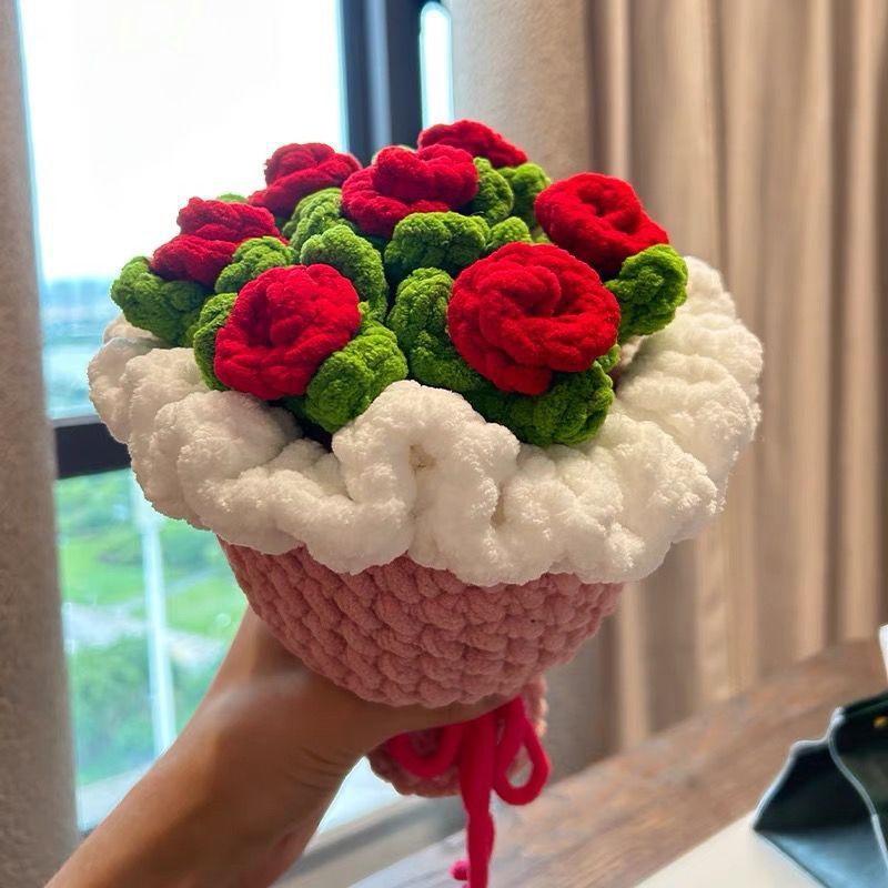 手工编织冰条线手捧玫瑰花束成品自制钩织材料送妈妈母亲节礼物|undefined