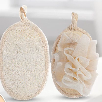 Loofah Bath Sponge (Natural), Cotton‑Linen & Loofah, Multiple Sizes 8×8–12×12 cm