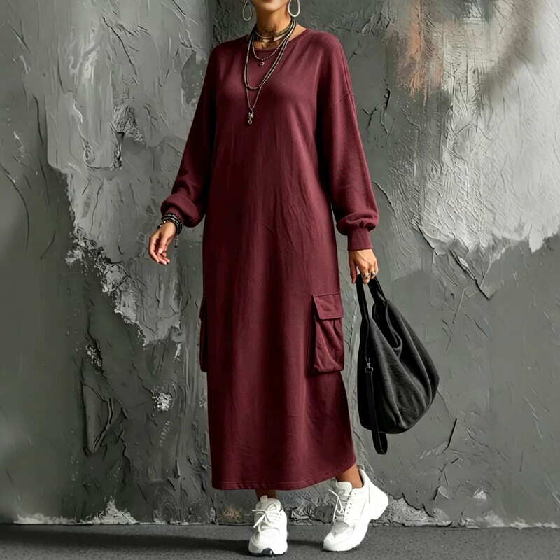 2026 new European and American style cross-border TK solid-color long-sleeve pocket round-neck casual and comfortable women's sweatshirt dress