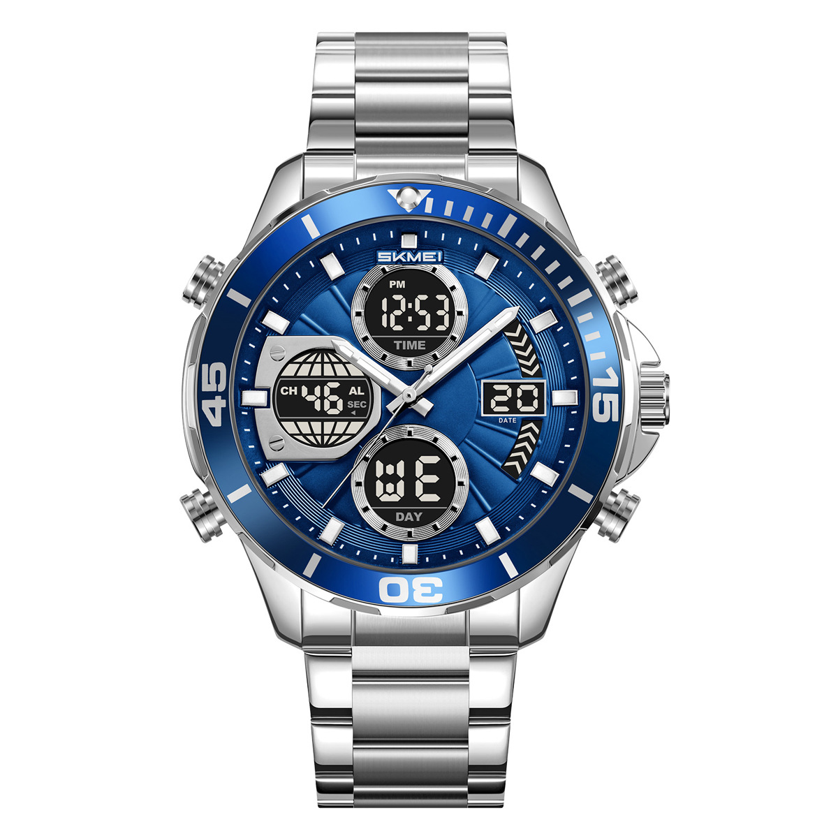 Momento de belleza para hombres doble reloj 30 metros de acero impermeable reloj de pulsera de negocios reloj deportivo de luz nocturna multifuncional al por mayor