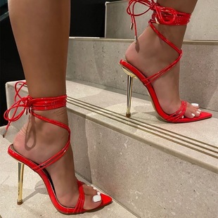 Cross-Border Large Size 2022 Spring and Summer New Style Stiletto High Heels European and American Pointed Toe Sandals Wrapped with Cross Straps Sandals