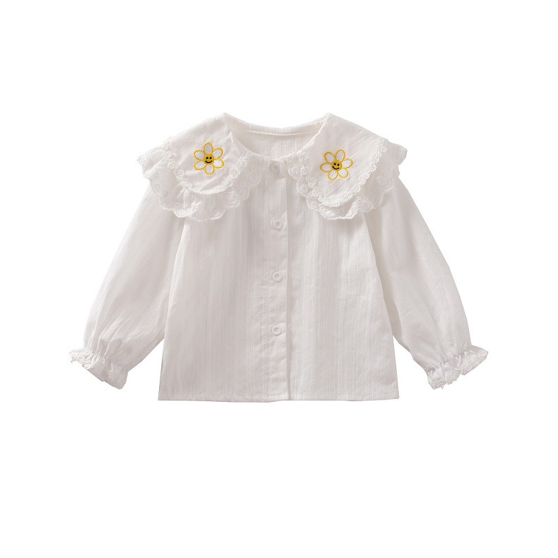 Camisa de encaje con solapa para niña, primavera y otoño 2025, nueva ropa infantil, blusas para bebé, camisa blanca de algodón para niña