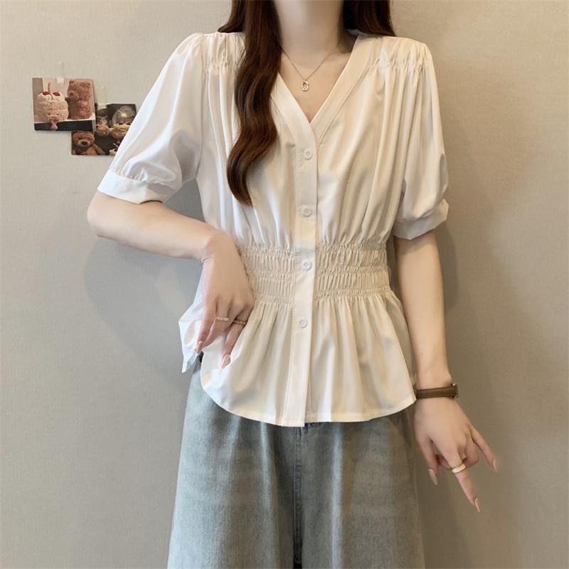 大码女装夏季衬衫女2025新款短袖纯色上衣女收腰显胖妹妹|undefined