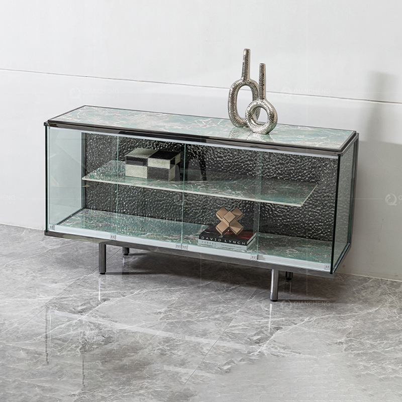 Aparador Mueble de Té de Vidrio de Metal con 4 Puertas para Comedor