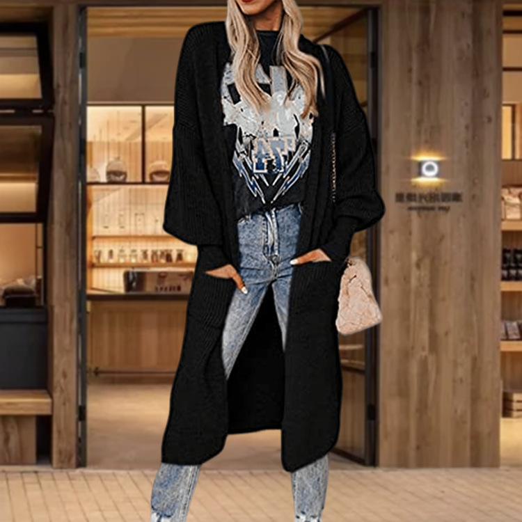 Damen-Strickjacke mit langen Ärmeln, Laternenärmeln, mittellang, mit Tasche, Strickpullover, lockerer Mantel_voghion.com