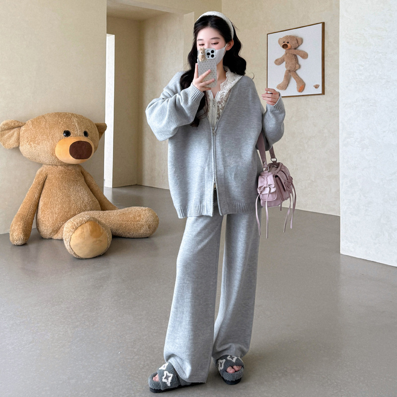2025秋冬新品孕妇套装拼接蕾丝拉链连帽阔腿裤韩版孕妇针织套装|undefined