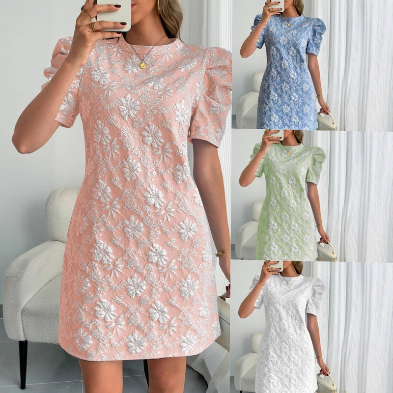 2025 European and American Cross-Border Export Summer New Puff Sleeve Textured Jacquard Round Neck Retro Style Pure Color Dress