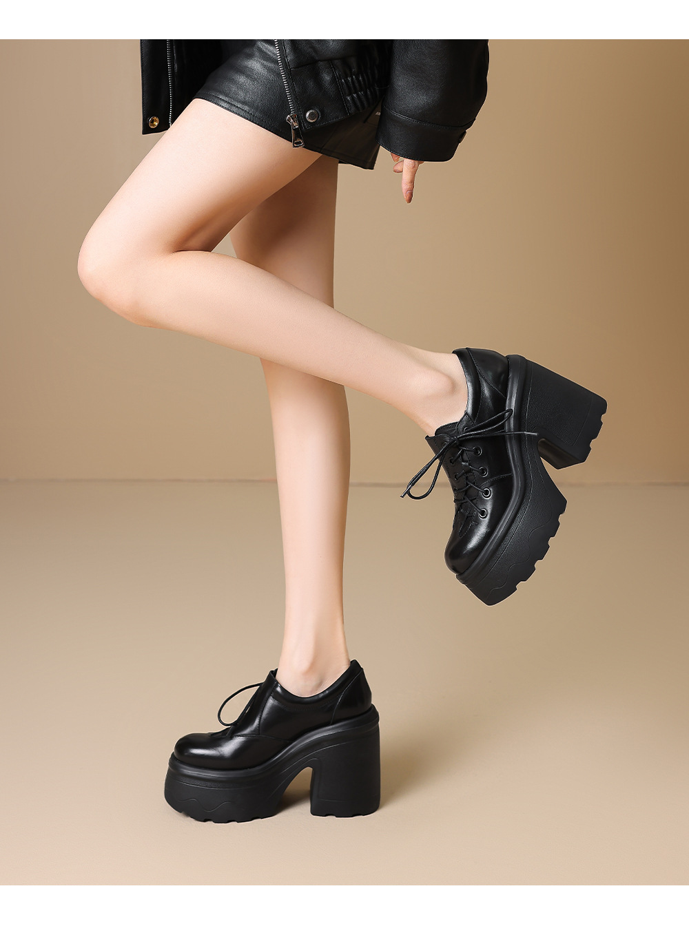 Giày cao gót nữ da thật phong cách Anh quốc cổ điển gót vuông 12 cm đế platform — màu nâu chi tiết 9