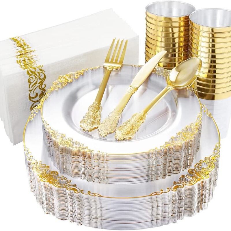 175PCs disposable party party set transparent golden relief plate 7.5 inch +10.25 inch + knife, fork and spoon Cup
