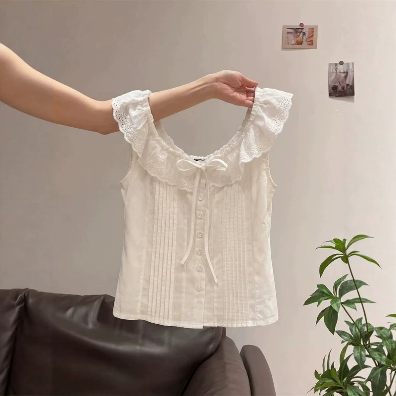 Lace Square-Neck Pure Desire Style Ruffled Bow Tie Shirt for Women, Summer Youthful Chic Slim-Fit Top Lace Square-Neck Pure Desire Style Ruffled Bow Tie Shirt for Women, Summer Youthful Chic Slim-Fit Top