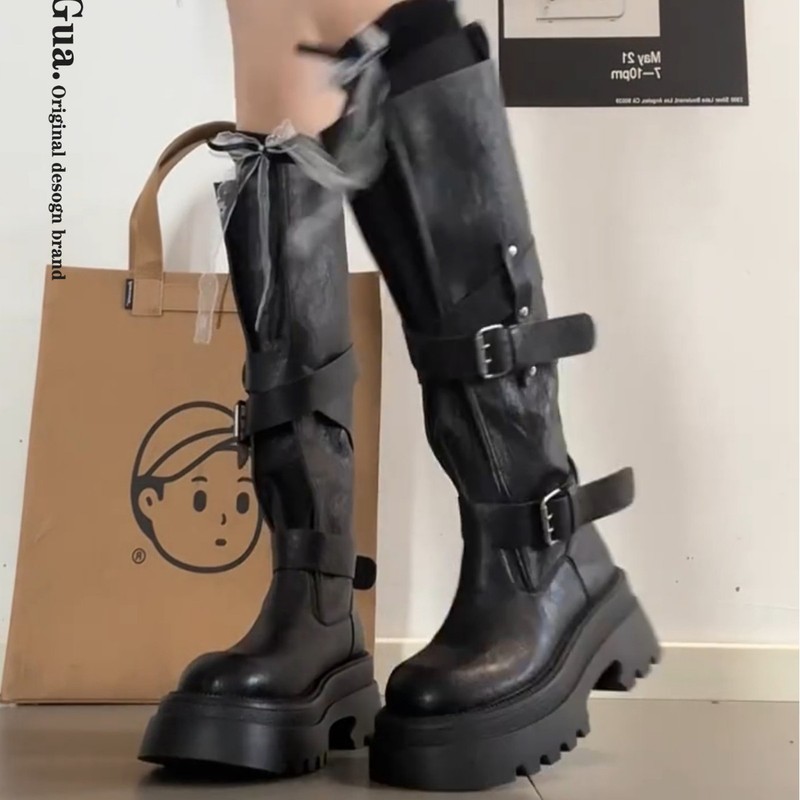 厚底增高靴子女款2025新款秋季百搭复古不过膝长筒靴皮带扣骑士靴|undefined