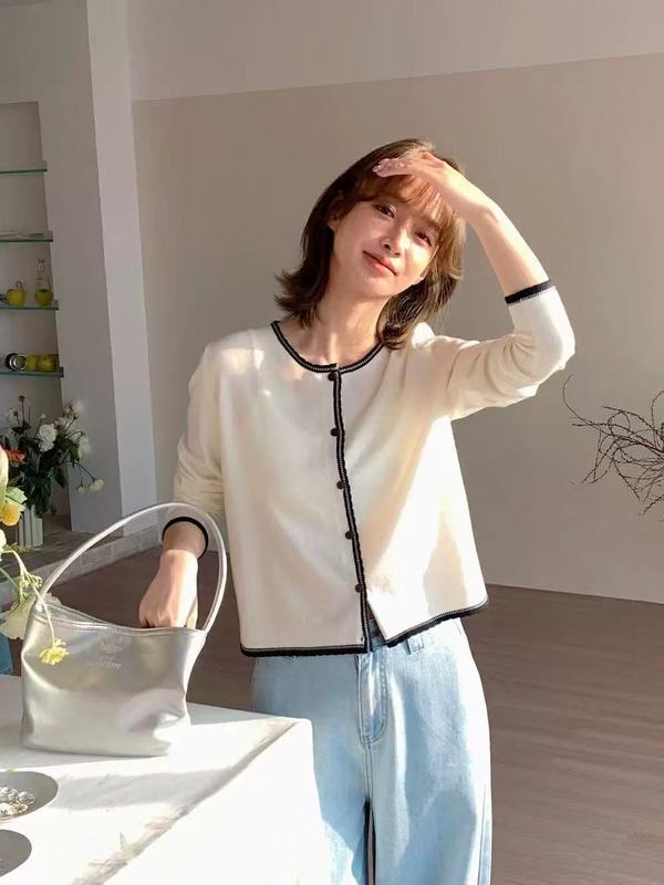 针织衫条纹长袖韩系圆领两件套女早秋温柔简约背心吊带套装针织衫|undefined