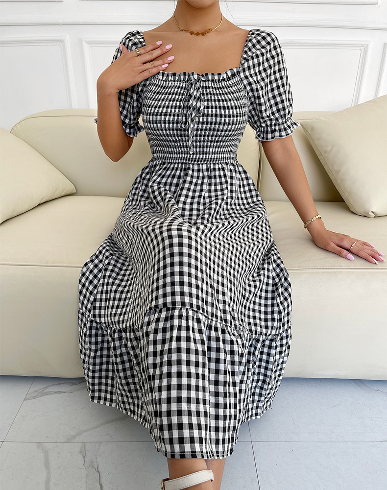 الياقة مربعة منقوشة بأكمام قصيرة Dresspicture4