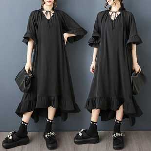 2025 New Summer Korean Style Loose and Fashionable V-Neck Ear-Shaped Asymmetrical Ruffled Slimming Look Large Hem Dress