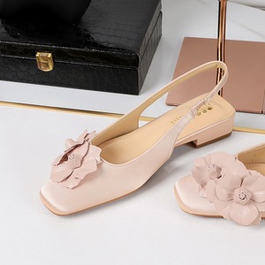 972-H57 French Fairy Silk Flower Evening Breeze Medium Heel Thick Heel Square Headed Baotou Shoes Rear Air Tripping Stra