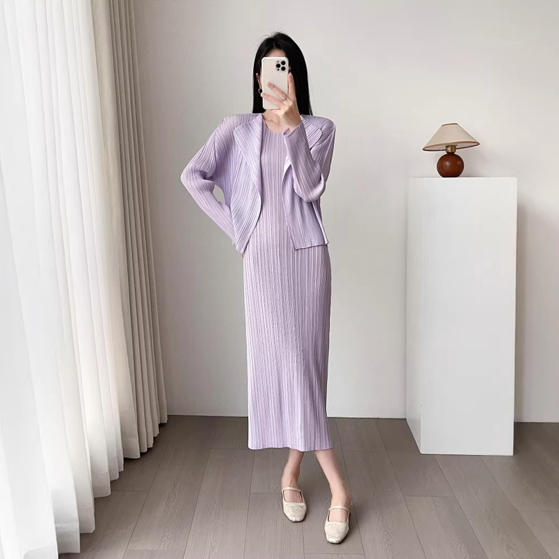 Miyake Pleated Suit for Women, Sleeveless Mid-Length Dress + Long-Sleeve Air-Conditioning Cardigan Jacket, Wholesale in Stock
