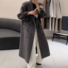 2025新款人字纹长袖双面羊绒大衣女双排扣过膝长款显瘦羊毛外套