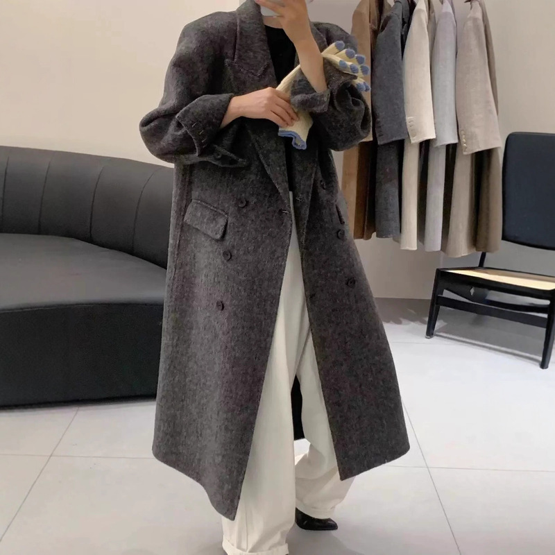 2025 New Herringbone Pattern Long-Sleeved Double-Sided Cashmere Outwear for Women Double-Breasted Knee-Length Slim Wool Outwear