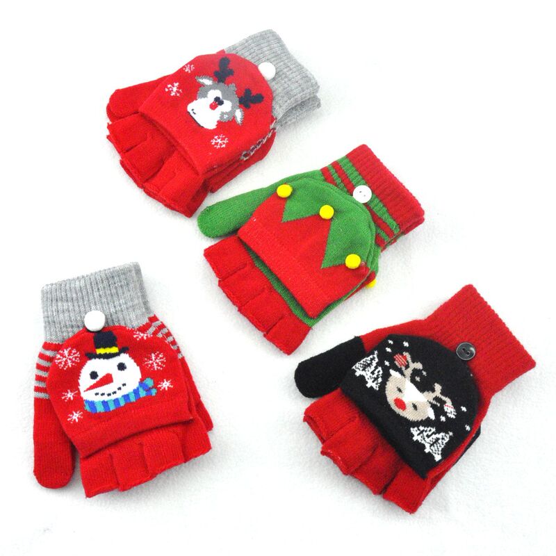 ハロウィーンクリスマス鹿雪だるまニットジャカード手袋冬防寒保温カバー半指手袋|undefined
