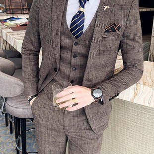 Cross-Border Autumn and Winter British Korean Fashion Business Plaid Suit Men's Three-Piece Suit Daily Work Yi Taite