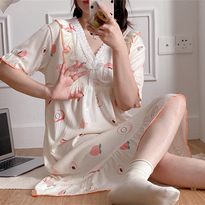 Pijamas de verano de mangas cortas de algodón tejido arrugado lindo dulce vestido de princesa nuevo vestido de ropa de hogar suelto