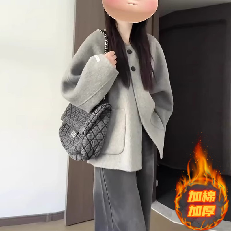 2025新款韩系赫本风纯色灰色毛呢外套女秋冬季小个子加厚短款大衣|undefined