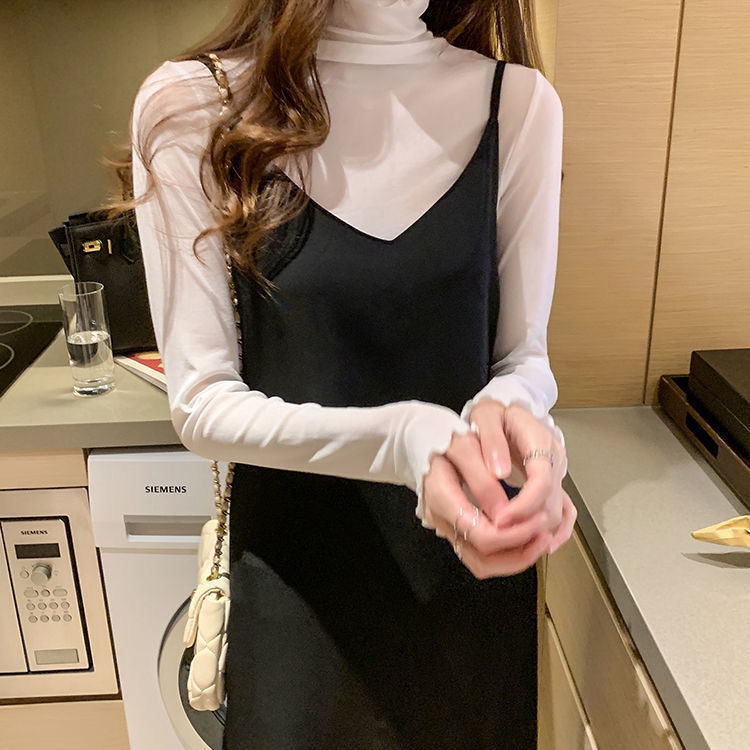 Turtleneck Mesh Bottoming Shirt for Women in Early Autumn, Stylish Sweater with Fur Inside, Black Lace Gauze, Thin Transparent Top