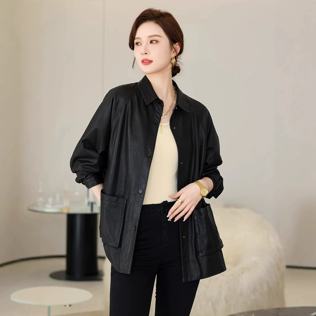 Элитная рубашка, jacket, длинный рукав, плащ-тренч, натуральная кожа, свободный крой