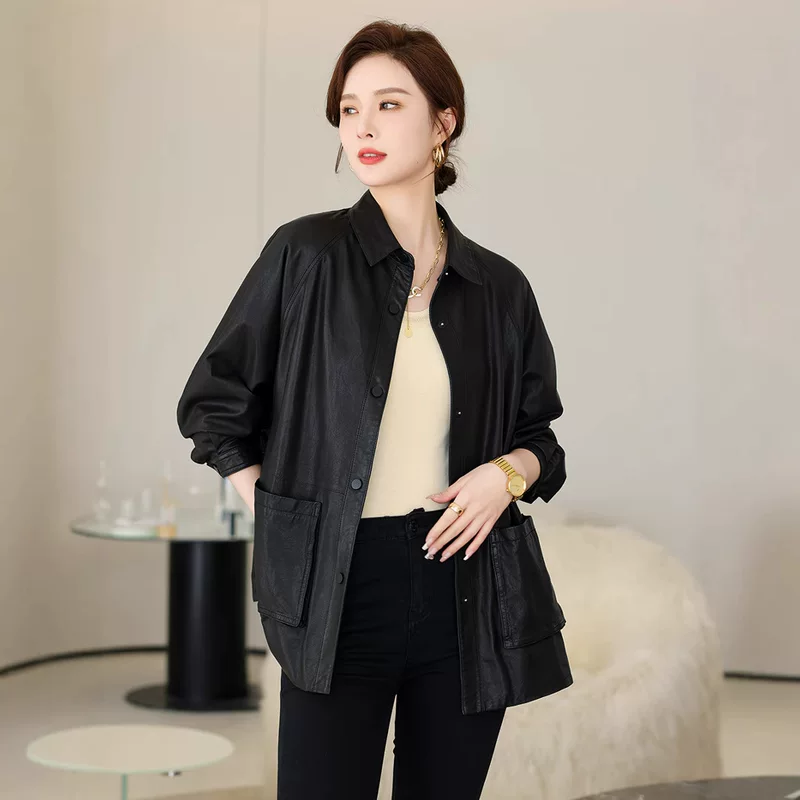 Элитная рубашка, jacket, длинный рукав, плащ-тренч, натуральная кожа, свободный крой
