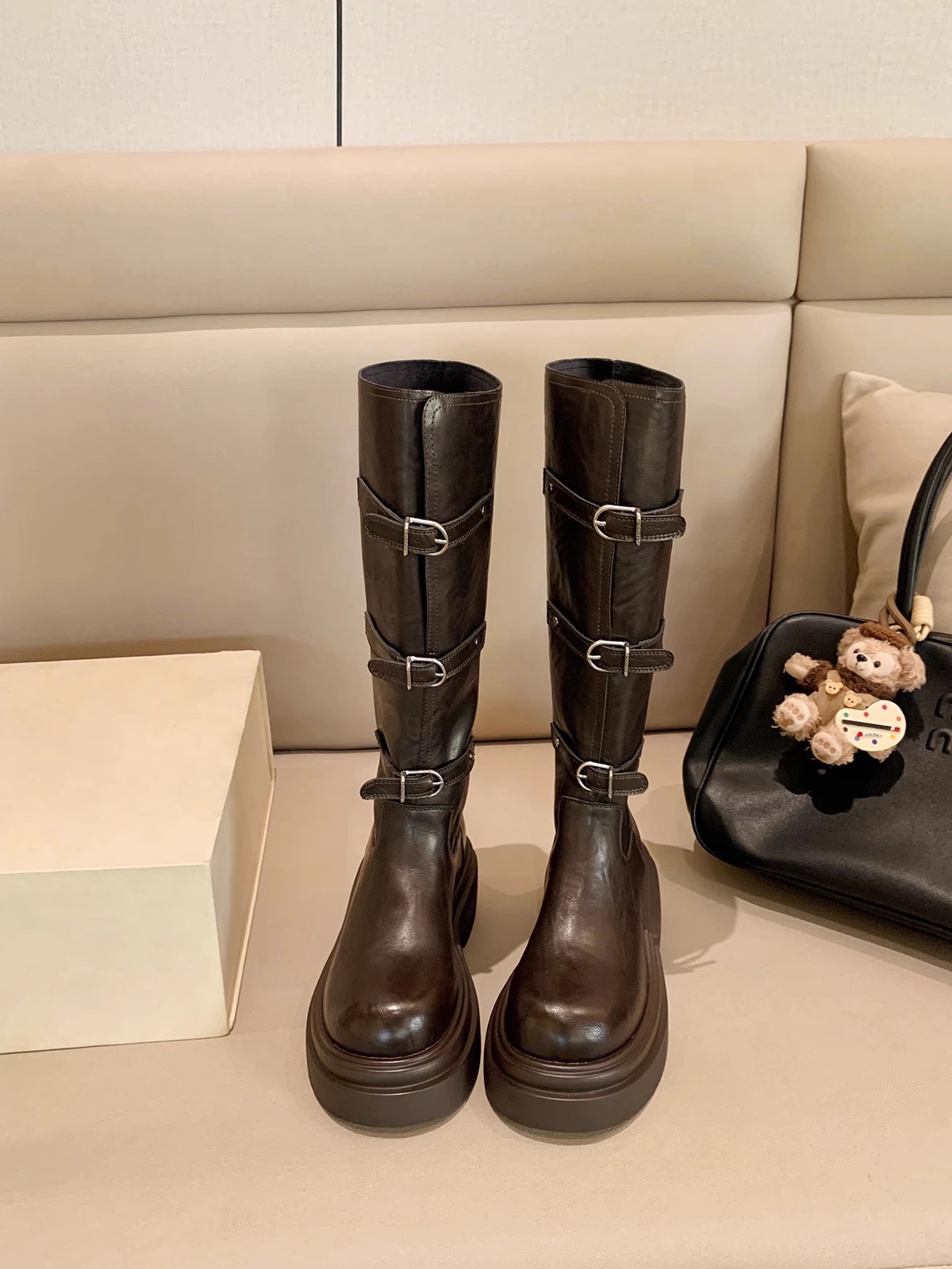 [Dos versiones] nuevo estilo de moda de cinturón de invierno y otoño de la uva, botas cortas de caballo con cabeza redonda y fondo grueso