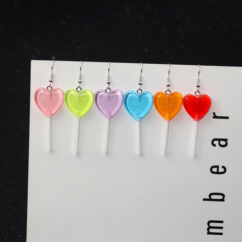 Japanese and Korean personalized glitter candy color love lollipop earrings ins cute and fresh girly style peach heart earrings
