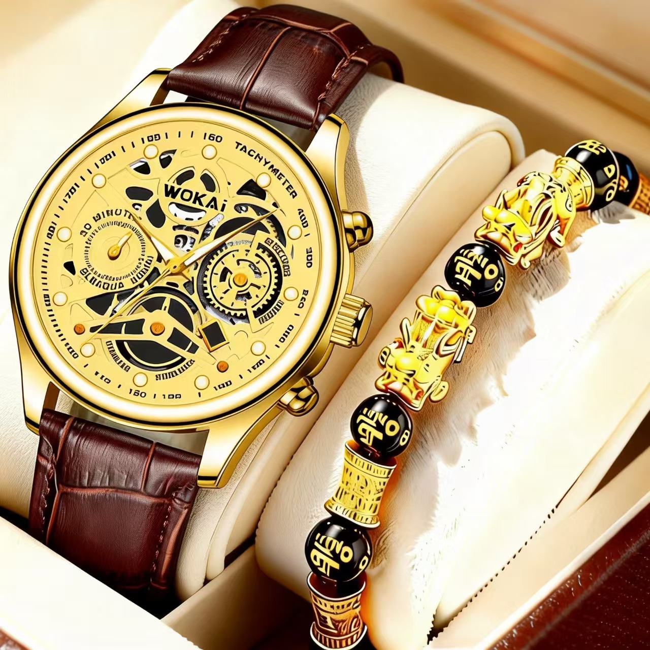 2025 New Wokai Business Watch Quartz Sports Watch Casual Leather Strap Men's Watch Wholesale