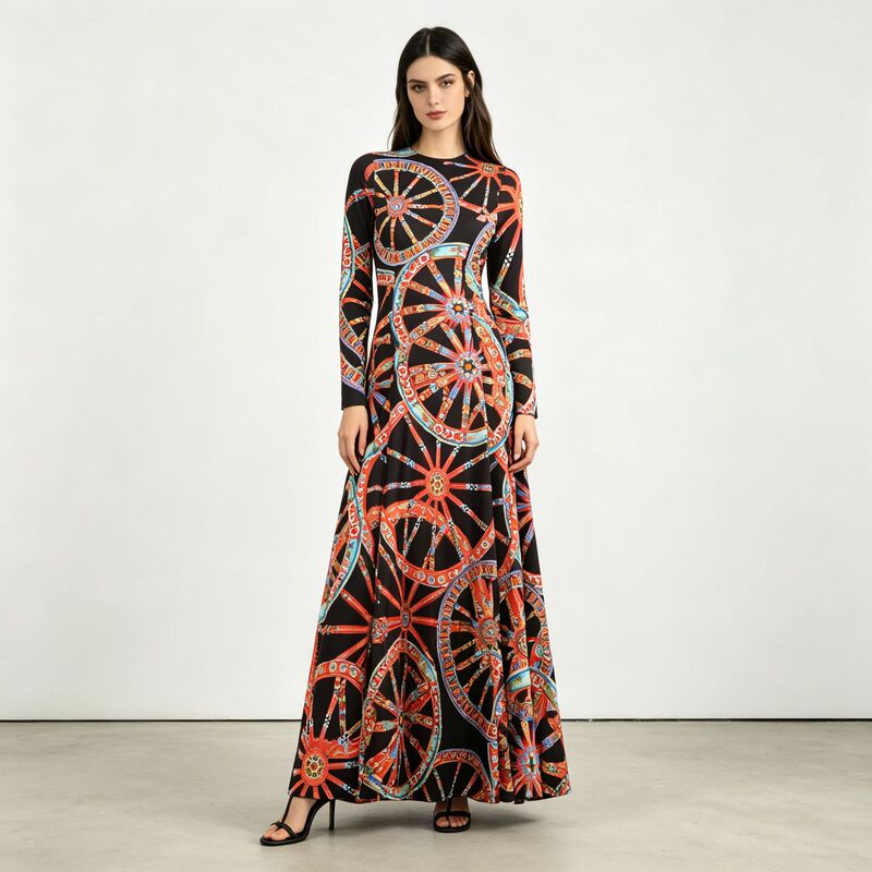 Fashionable casual style dress, new autumn 2026 collection, slimming, unique and stylish, printed round-neck high-waisted long dress for women Fashionable casual style dress, new autumn 2026 collection, slimming, unique and stylish, printed round-neck high-waisted long dress for women