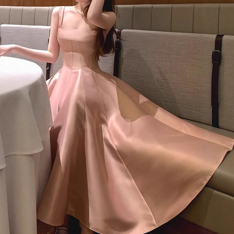 New Hepburn Skirt, Fashionable and Simple Suspender Square Neck High Waist Dress Skirt, Birthday Party Daily Temperament Style