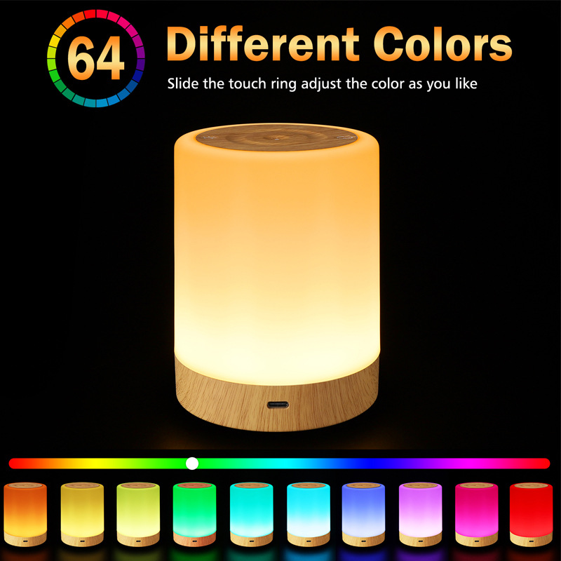 7-color ring dimmable wood grain charging night light LED bedside lamp table lamp touch clap ambiance light with timer