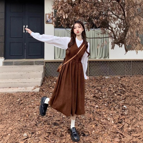 Corduroy Autumn Wear Sweet Mori-Style Mid-Length Waist-Slimming A-Line Dress with V-Neck and Suspenders Women's Suit Dress